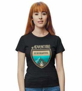 HopOfferThe Beauty Of Adventure Black Round Neck Cotton Half Sleeved Women's T-Shirt with Printed Graphics