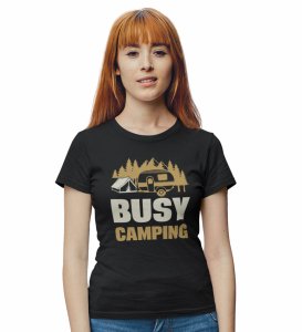 HopOfferOccupied Camping Black Round Neck Cotton Half Sleeved Women's T-Shirt with Printed Graphics