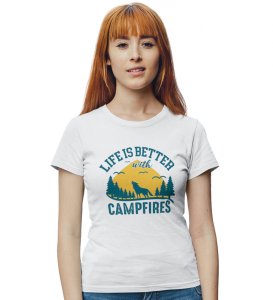Better With Campfires White Round Neck Cotton Half Sleeved Women's T-Shirt with Printed Graphics