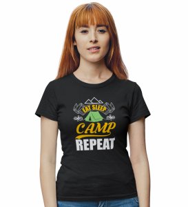 HopOfferThe Camp Routine Black Round Neck Cotton Half Sleeved Women's T-Shirt with Printed Graphics