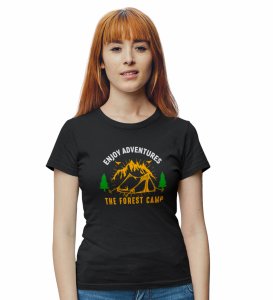 HopOfferEnjoy Adventures Black Round Neck Cotton Half Sleeved Women's T-Shirt with Printed Graphics