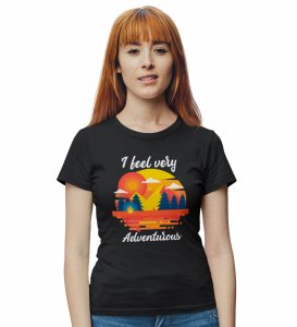 HopOfferFeel Adventurous Black Round Neck Cotton Half Sleeved Women's T-Shirt with Printed Graphics