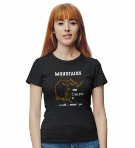HopOfferThe Call Of Mountains Black Round Neck Cotton Half Sleeved Women's T-Shirt with Printed Graphics