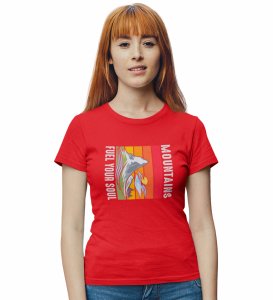 HopOfferFuel Your Soul (Mountains)  Red Round Neck Cotton Half Sleeved Women's T-Shirt with Printed Graphics