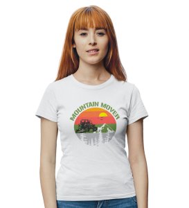 Mountain Mover White Round Neck Cotton Half Sleeved Women's T-Shirt with Printed Graphics