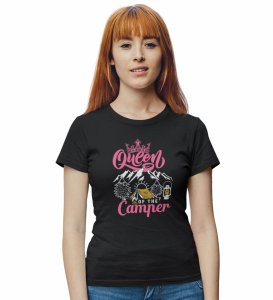 HopOfferQueen Of Camper Black Round Neck Cotton Half Sleeved Women's T-Shirt with Printed Graphics