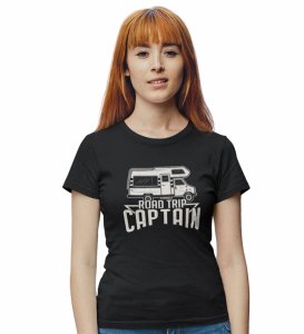 HopOfferRoadtrip Captain Black Round Neck Cotton Half Sleeved Women's T-Shirt with Printed Graphics