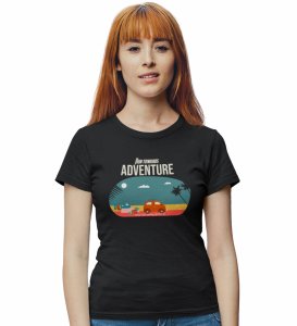 HopOfferTowards Adventure Black Round Neck Cotton Half Sleeved Women's T-Shirt with Printed Graphics