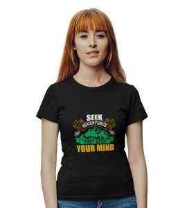 HopOfferSeek Adventure (Green)  Black Round Neck Cotton Half Sleeved Women's T-Shirt with Printed Graphics