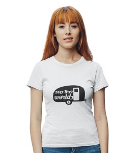 See The World White Round Neck Cotton Half Sleeved Women's T-Shirt with Printed Graphics
