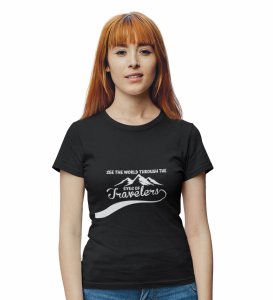 HopOfferEyes Of The Travellers  Black Round Neck Cotton Half Sleeved Women's T-Shirt with Printed Graphics