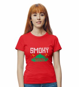 HopOfferSmoky Mountains Red Round Neck Cotton Half Sleeved Women's T-Shirt with Printed Graphics