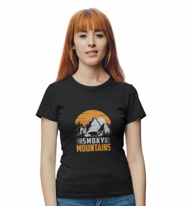 HopOfferSmoky Mountain Black Round Neck Cotton Half Sleeved Women's T-Shirt with Printed Graphics
