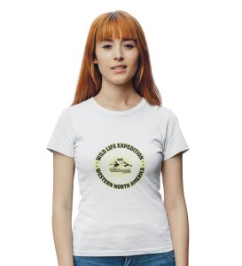 Wilderness White Round Neck Cotton Half Sleeved Women's T-Shirt with Printed Graphics