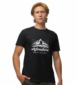 HopOfferAdventure Awaits Black Round Neck Cotton Half Sleeved Men's T-Shirt with Printed Graphics