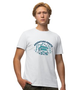 HopOfferThe Awaited Adventure White Round Neck Cotton Half Sleeved Men's T-Shirt with Printed Graphics
