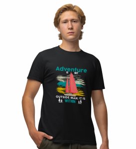 JD.TRENDS Adventure Is Within Black Round Neck Cotton Half Sleeved Men's T-Shirt with Printed Graphics