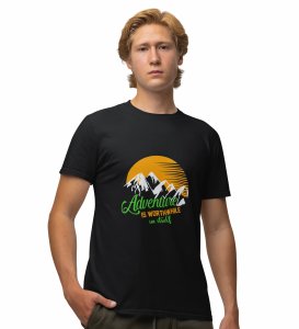 JD.TRENDS Adventure Is Worthwhile Black Round Neck Cotton Half Sleeved Men's T-Shirt with Printed Graphics