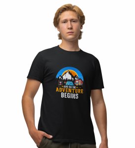 JD.TRENDS Adventure Begins Black Round Neck Cotton Half Sleeved Men's T-Shirt with Printed Graphics