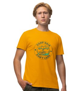 Camp hair dont care - Yellow Printed t-shirts - Clothes for travellers and riders -for mens - suitable for all kinds of Adventurous journey- best gifting item for friends and family.