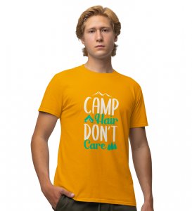 Camp hair dont care - Yellow and white text Printed t-shirts - Clothes for travellers and riders -for mens - suitable for all kinds of Adventurous journey- best gifting item for friends and family.