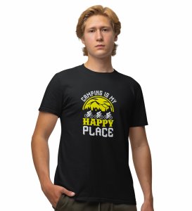 JD.TRENDS Camping- My Happy Place Black Round Neck Cotton Half Sleeved Men's T-Shirt with Printed Graphics