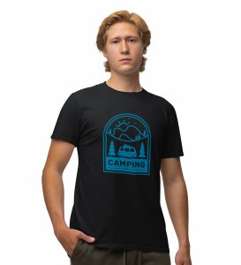 JD.TRENDS Camping Life Black Round Neck Cotton Half Sleeved Men's T-Shirt with Printed Graphics