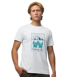 JD.TRENDS Camping Life White Round Neck Cotton Half Sleeved Men's T-Shirt with Printed Graphics