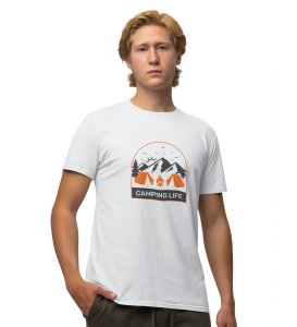 JD.TRENDS Camping Life (White) White Round Neck Cotton Half Sleeved Men's T-Shirt with Printed Graphics