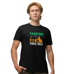 JD.TRENDS Camping Vibes Only  Black Round Neck Cotton Half Sleeved Men's T-Shirt with Printed Graphics
