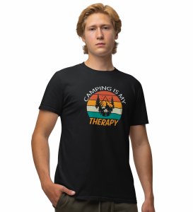 JD.TRENDS Camping Is My Therapy Black Round Neck Cotton Half Sleeved Men's T-Shirt with Printed Graphics