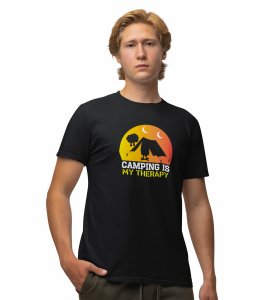 JD.TRENDS Camping is my therapy (Yellow Sillhoutte)  Black Round Neck Cotton Half Sleeved Men's T-Shirt with Printed Graphics