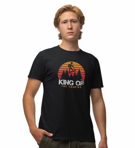 JD.TRENDS The Camping King Black Round Neck Cotton Half Sleeved Men's T-Shirt with Printed Graphics