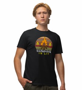 JD.TRENDS Camping Is Lit Black Round Neck Cotton Half Sleeved Men's T-Shirt with Printed Graphics