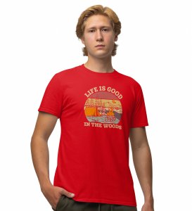 Life In The Woods Red Round Neck Cotton Half Sleeved Men's T-Shirt with Printed Graphics