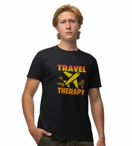 JD.TRENDS The Travel Therapy  Black Round Neck Cotton Half Sleeved Men's T-Shirt with Printed Graphics