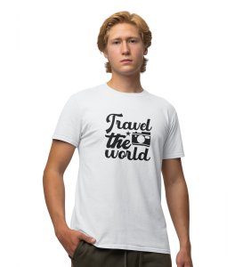 JD.TRENDS Travel The World White Round Neck Cotton Half Sleeved Men's T-Shirt with Printed Graphics