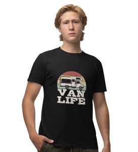 JD.TRENDS Van Life Black Round Neck Cotton Half Sleeved Men's T-Shirt with Printed Graphics