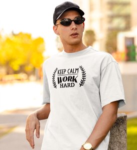 Work Hard White Round Neck Cotton Half Sleeved Men's T-Shirt with Printed Graphics