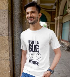 Bug Feature White Round Neck Cotton Half Sleeved Men's T-Shirt with Printed Graphics