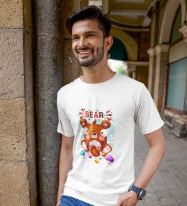 The Fruity Bear White Round Neck Cotton Half Sleeved Men's T-Shirt with Printed Graphics