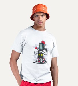 Retro Gamer White Round Neck Cotton Half Sleeved Men's T-Shirt with Printed Graphics