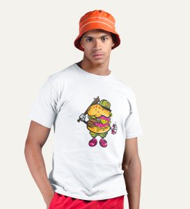 Burger Bash White Round Neck Cotton Half Sleeved Men's T-Shirt with Printed Graphics