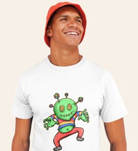 Candy Alien White Round Neck Cotton Half Sleeved Men's T-Shirt with Printed Graphics