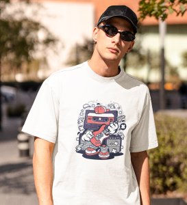 Radio Tape With Guitar White Round Neck Cotton Half Sleeved Men's T-Shirt with Printed Graphics