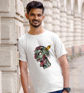 The Zombie White Round Neck Cotton Half Sleeved Men's T-Shirt with Printed Graphics