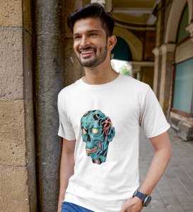 Blue Bloodcurdling White Round Neck Cotton Half Sleeved Men's T-Shirt with Printed Graphics